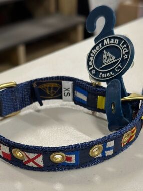 Leather Man Ltd. Navy Blue Dog Collar w/ Nautical Sailing Code Flags XS - NEW!!